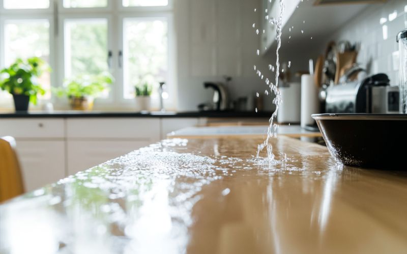 vatten droppar på en köksbänk